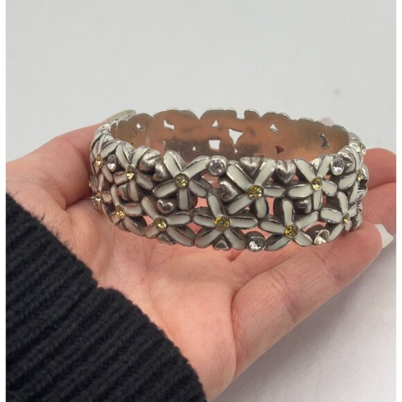 Brighton Silver Floral Daisy Hinged Bracelet With Yellow & White Rhinestones - Picture 5 of 5